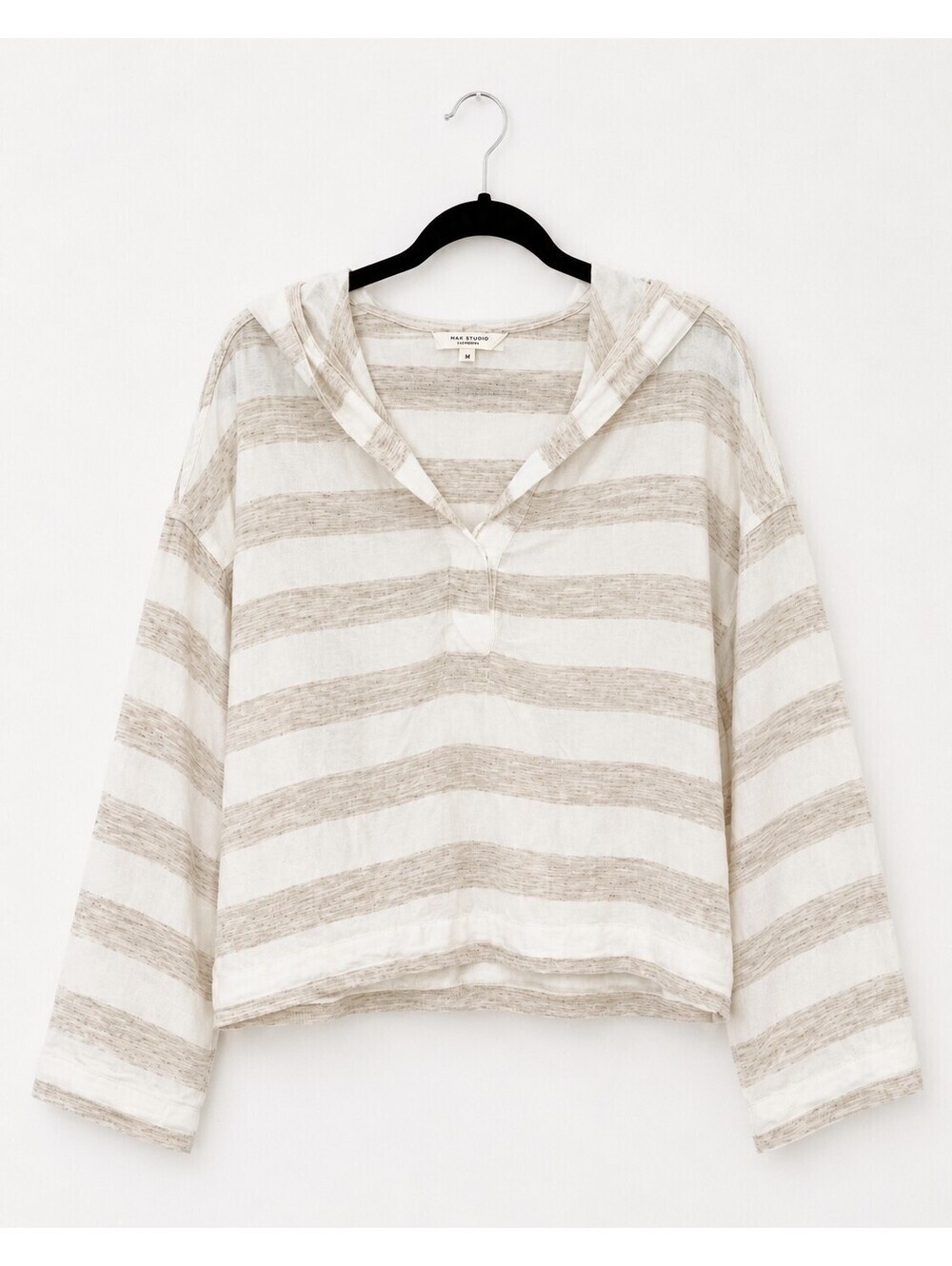 Max Studio London Striped Hooded Linen Blend Pullover Top Size M Coastal Casual